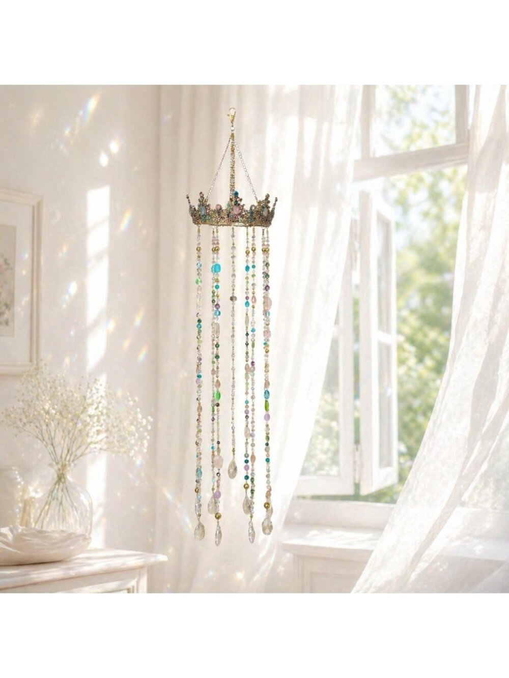 Handmade Crown Crystal Suncatcher Chandelier 32” Boho Luxe Window Decor